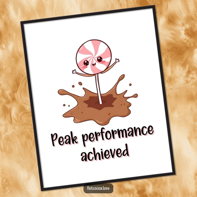 Funny Peppermint Stick character in a funny balancing act over a cocoa splash, whimsical holiday wall art.