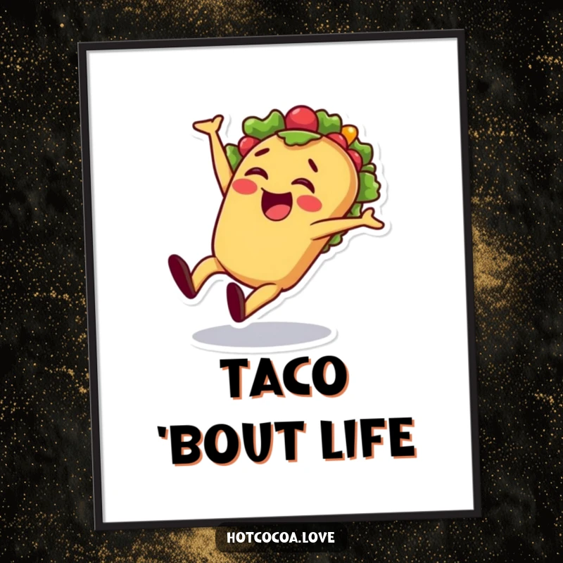 Funny taco cartwheel poster featuring a cheerful taco character spinning in a cartwheel, radiating playful energy and Mexican food delight.
