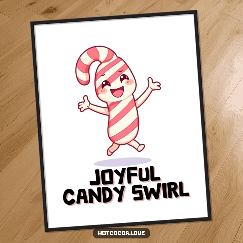 Funny poster of a smiling candy cane character performing a celebratory dance, radiating festive holiday spirit and joy.