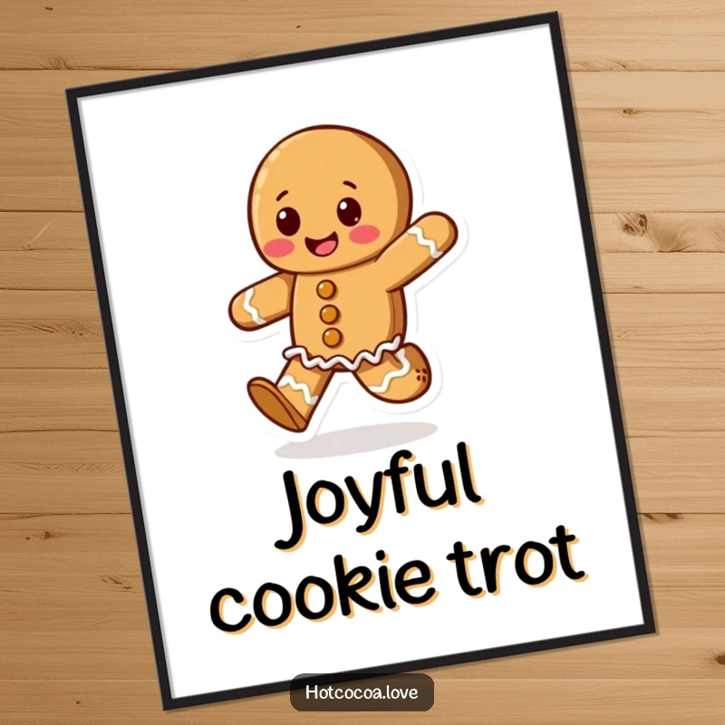 Funny poster of a joyful gingerbread cookie character skipping with excitement, radiating festive holiday cheer and happiness.
