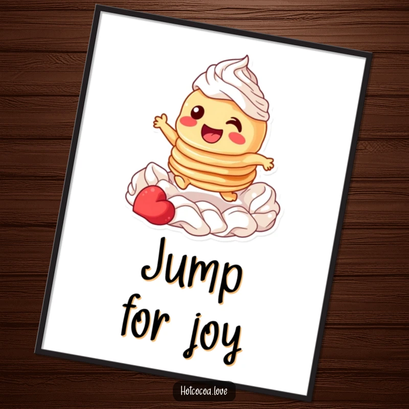 Funny poster print of a giggling stack of pancakes joyfully leaping through whipped cream, perfect for kitchen or dining area decor.