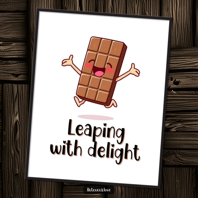 Funny poster of a jolly chocolate bar character jumping for joy, vibrant wall art, perfect funny gift.