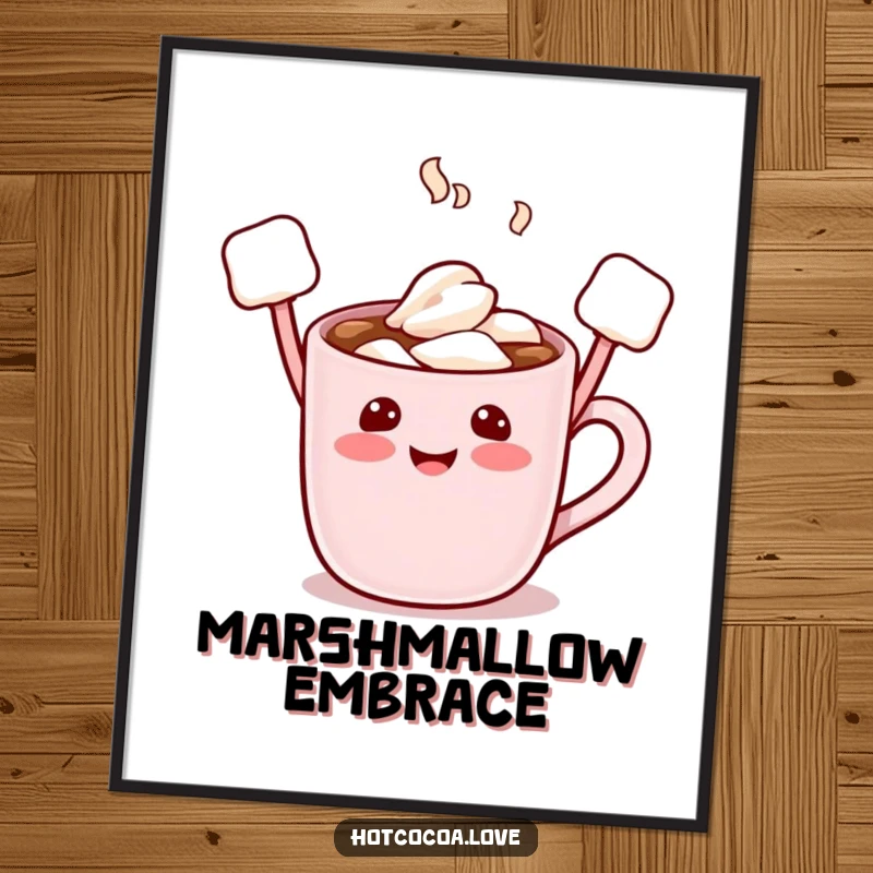 Funny poster of a smiling hot cocoa mug character with marshmallow arms raised in a gesture of pure delight and celebration.