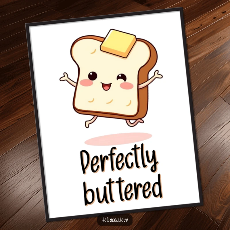 Funny poster showing a giggling piece of toast with legs dancing with a butter pat. Humorous breakfast-themed wall art.