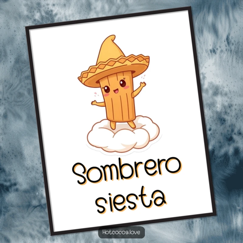 Funny poster depicting a cinnamon stick character in a sombrero dancing energetically on a cloud of whipped cream.