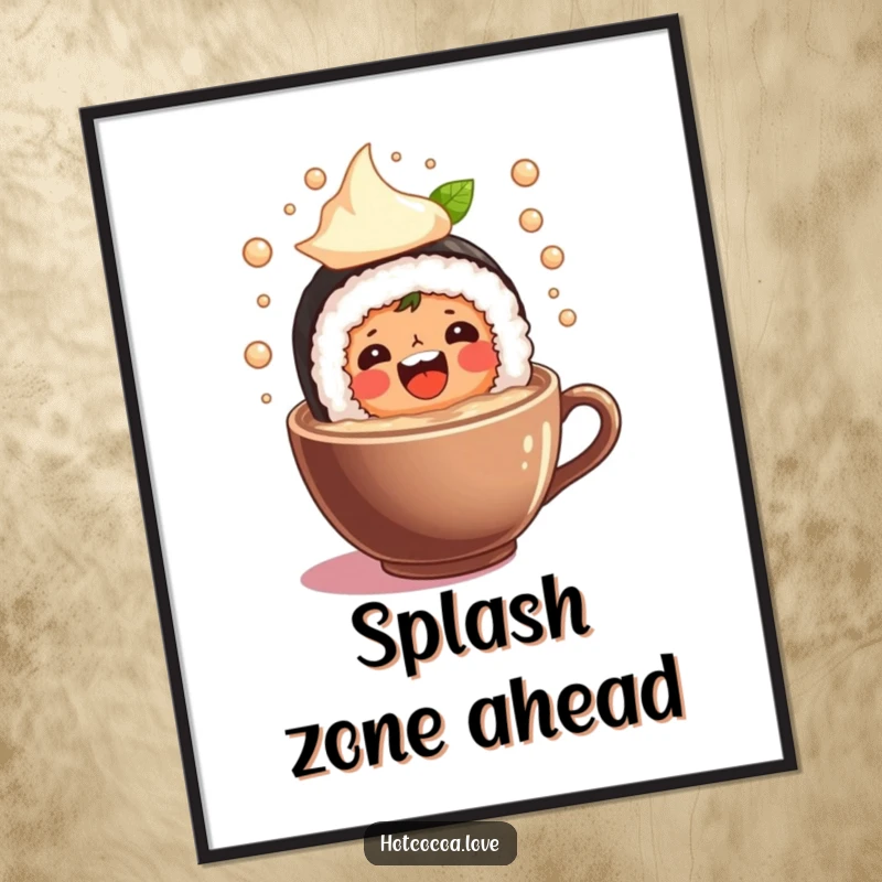 Funny poster print of a happy sushi roll character making a joyful splash in a mug full of hot cocoa, perfect for kitchen decor.