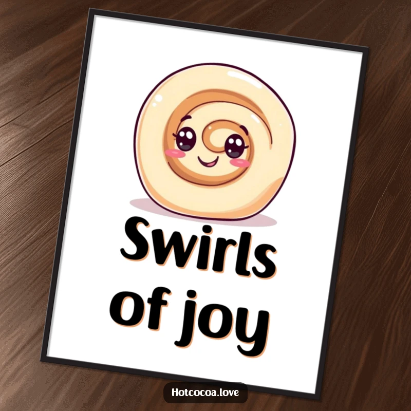 Funny poster showing a gleeful cinnamon roll character with swirl eyes rolling happily. Sweet and joyful wall art.