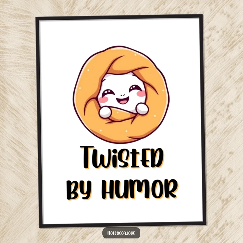 Funny pretzel character grinning and playfully twisting into a knot, a colorful and humorous poster perfect for wall decor.
