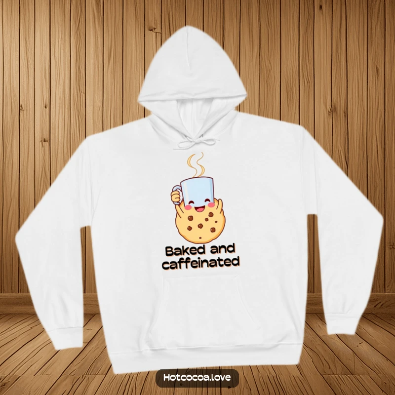 Funny hoodie featuring a smiling cookie character holding a steaming mug aloft, perfect for cozy, celebratory comfort.