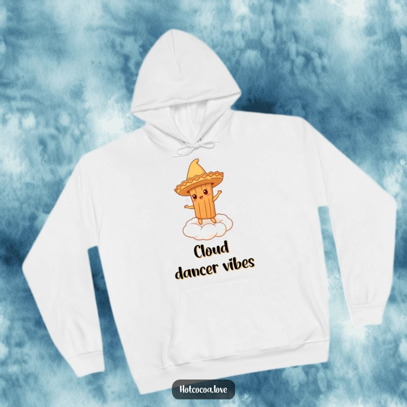 Funny hoodie with a cinnamon stick character in a sombrero dancing on whipped cream, offering warmth and humor.