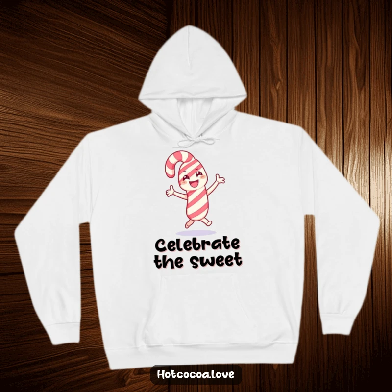 Funny hoodie featuring a smiling candy cane character in a joyful dance, designed for warmth and festive holiday cheer.