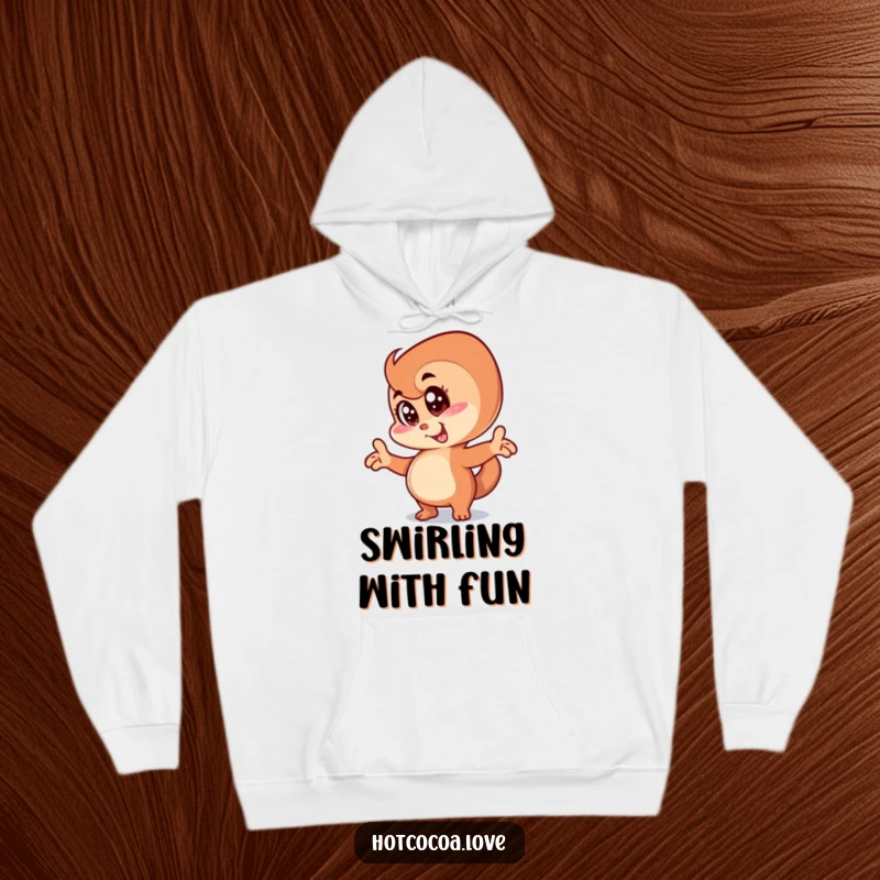 Funny anthropomorphic cinnamon swirl character in a comical goofy pose, cozy and humorous hoodie design.