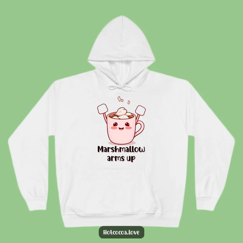 Cozy Funny Hot Cocoa Character Hoodie - Marshmallow Arms Raised for Hugs