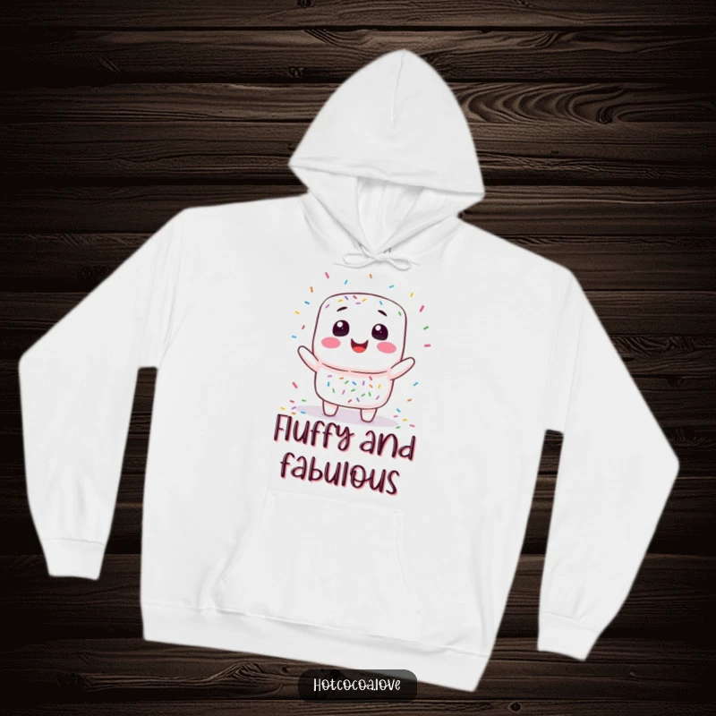 Funny marshmallow juggling hoodie depicting a smiling marshmallow character playfully tossing colorful sprinkles, perfect for cozy, sweet moments.