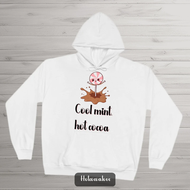 Funny Peppermint Stick character in a comical balancing act on a cocoa splash, cozy holiday hoodie design.