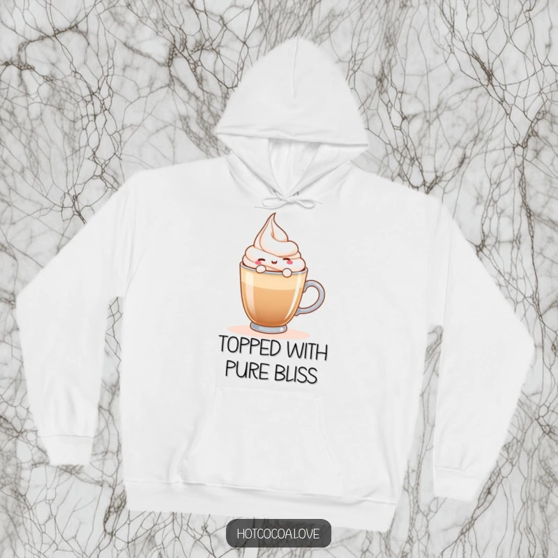 Funny hoodie showing a happy whipped cream character floating contentedly on a hot beverage, offering warmth and sweet relaxation.
