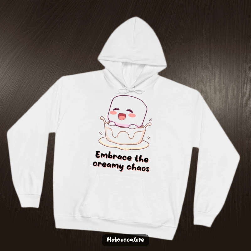 Funny hoodie showing a happy marshmallow character laughing during its creamy liquid dunk, offering warmth and humor.