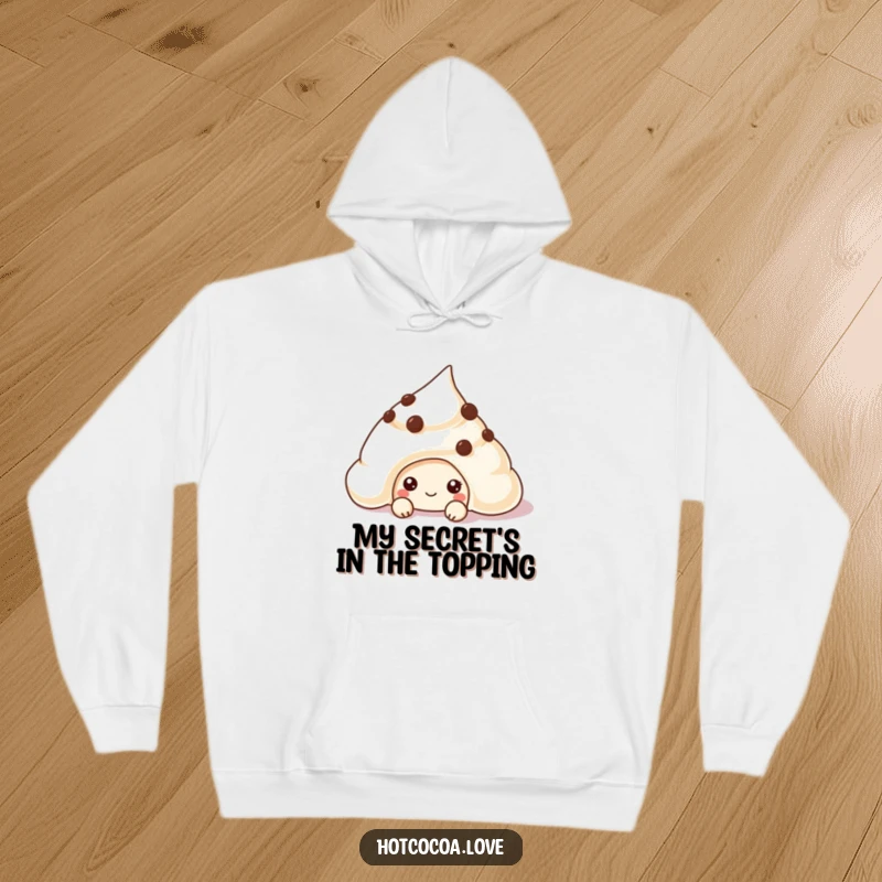 Funny chocolate chip cookie character peeking from creamy goodness on a soft hoodie, perfect for cozy, humorous moments.