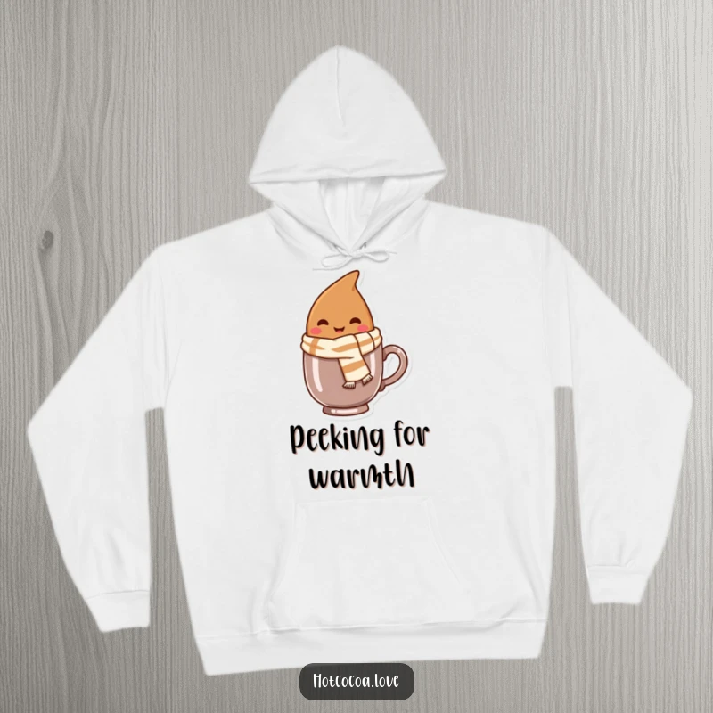 Funny hoodie featuring a smiling cocoa bean character wearing a tiny scarf, peeking from a mug, offering warmth.
