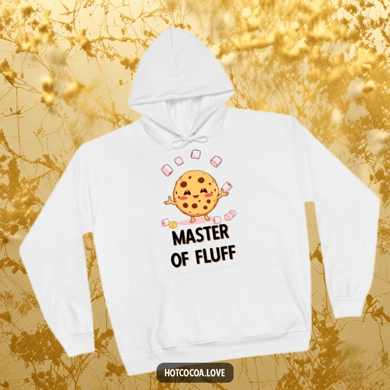 Funny hoodie design of a beaming cookie character juggling marshmallows, cozy and comical.