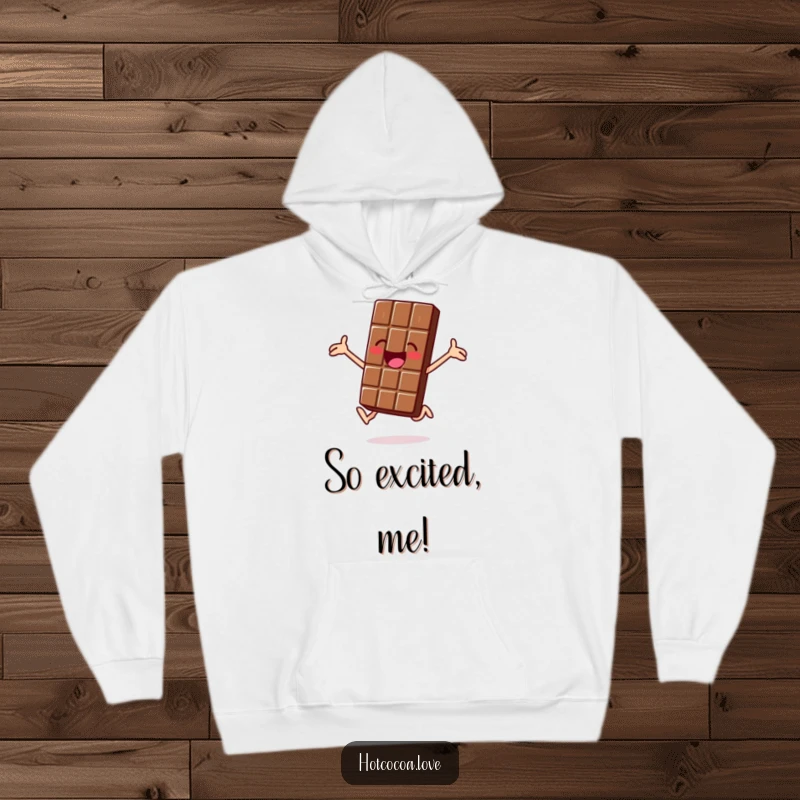 Funny hoodie with a jolly chocolate bar character jumping for joy, warm and cheerful, perfect funny gift.