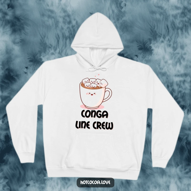 Funny hoodie showing a hot chocolate mug with marshmallow friends in a conga line, perfect for cozy, silly vibes.