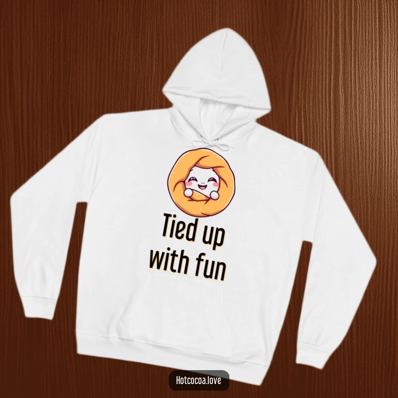 Funny pretzel character twisted into a knot with a grin, featured on a warm and cozy hoodie, a delightfully humorous item.