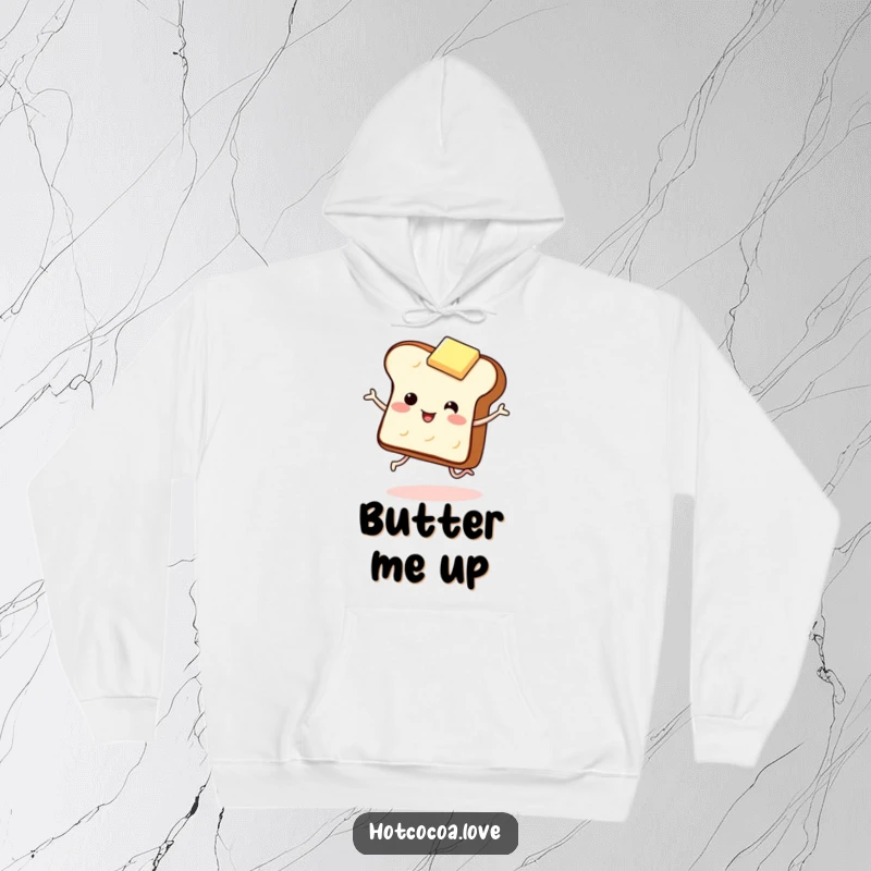 Funny hoodie depicting a giggling piece of toast with legs dancing with a butter pat. Cozy and humorous breakfast wear.