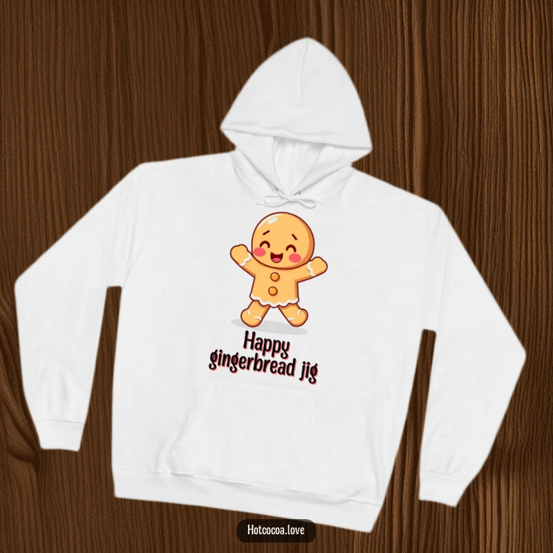 Funny delighted gingerbread person doing a happy jig, featured on a warm and cozy hoodie, a festive and humorous item.