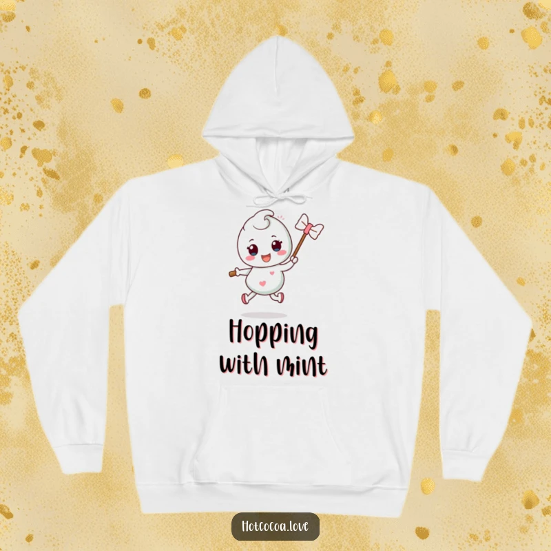 Funny mint candy character performing a silly hop with a stick, featured on a warm and cozy hoodie, a refreshing humorous item.