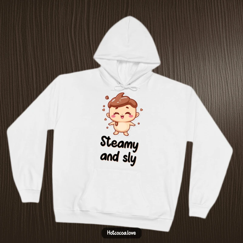 Funny hoodie with a playful anthropomorphic hot chocolate character winking, perfect for cozy, warm, and humorous occasions.