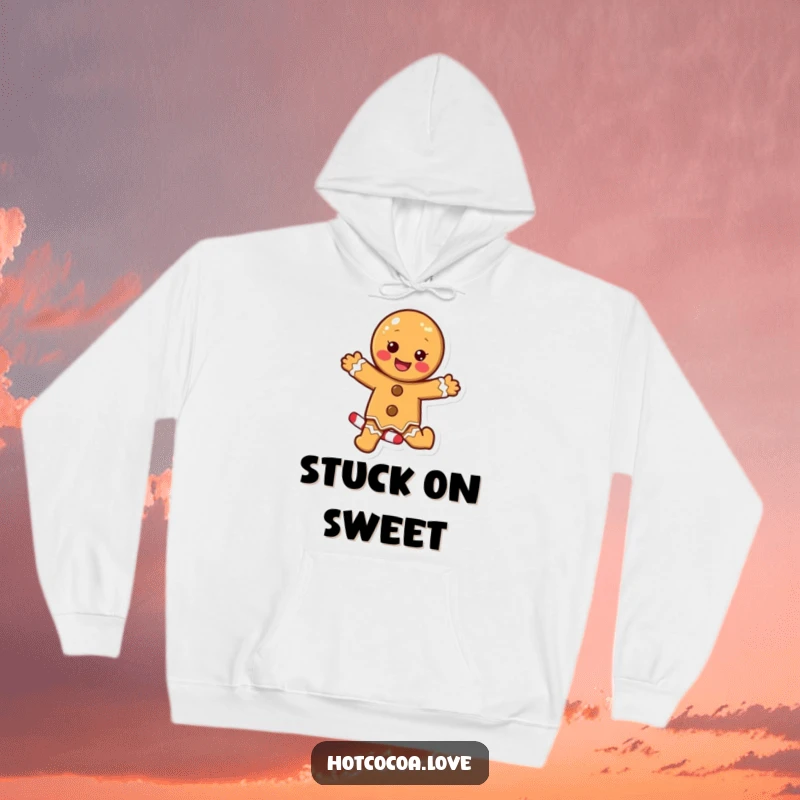 Funny hoodie depicting a delighted gingerbread cookie character excitedly dancing on a candy cane, offering warmth and whimsical charm.