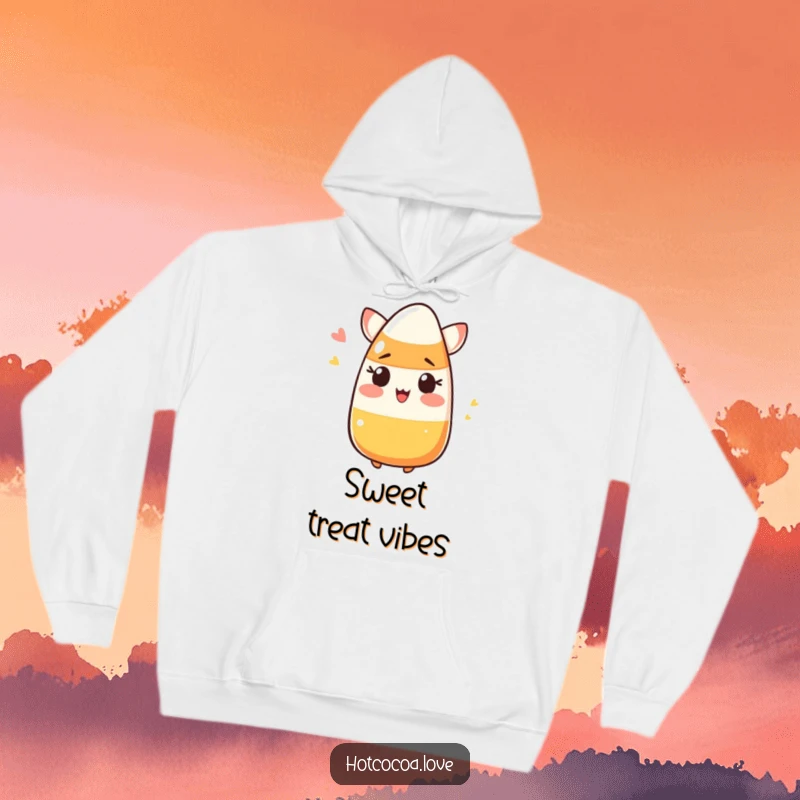 Funny blushing candy corn winking graphics on a cozy hoodie, a humorous and warm gift for Halloween.