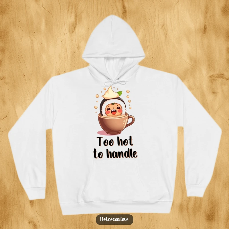 Funny hoodie showcasing a beaming sushi roll character joyfully splashing into a warm cup of cocoa, designed for ultimate comfort and humor.