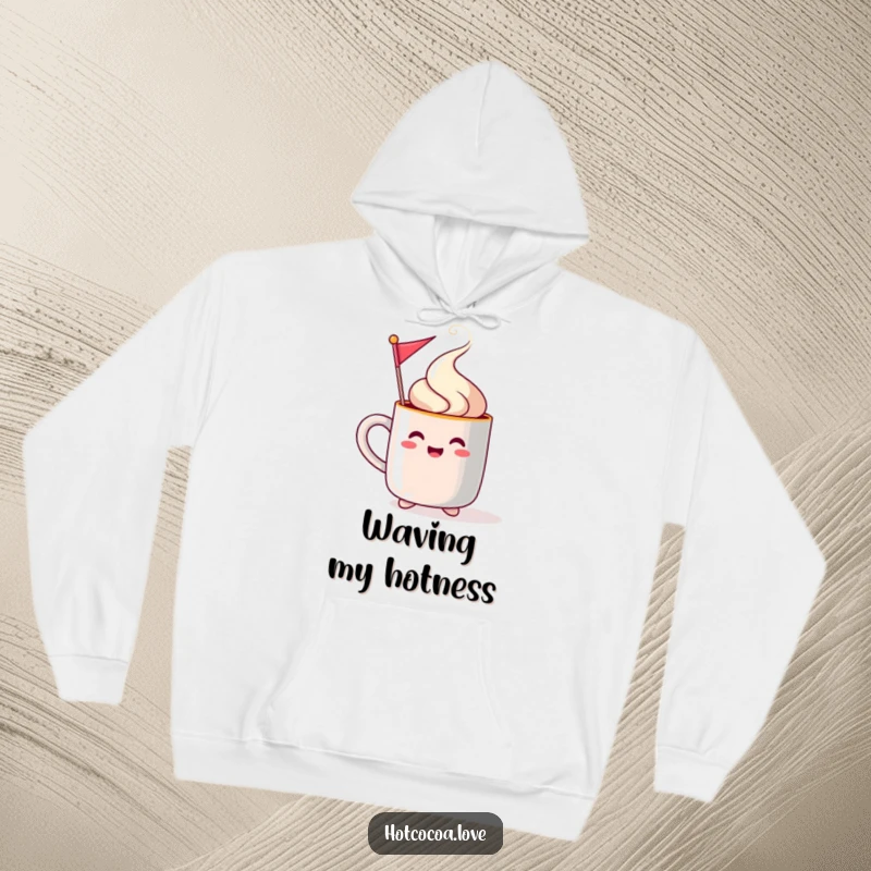 Funny steaming mug character waving a festive flag on a warm hoodie, ideal for cozy holiday celebrations.