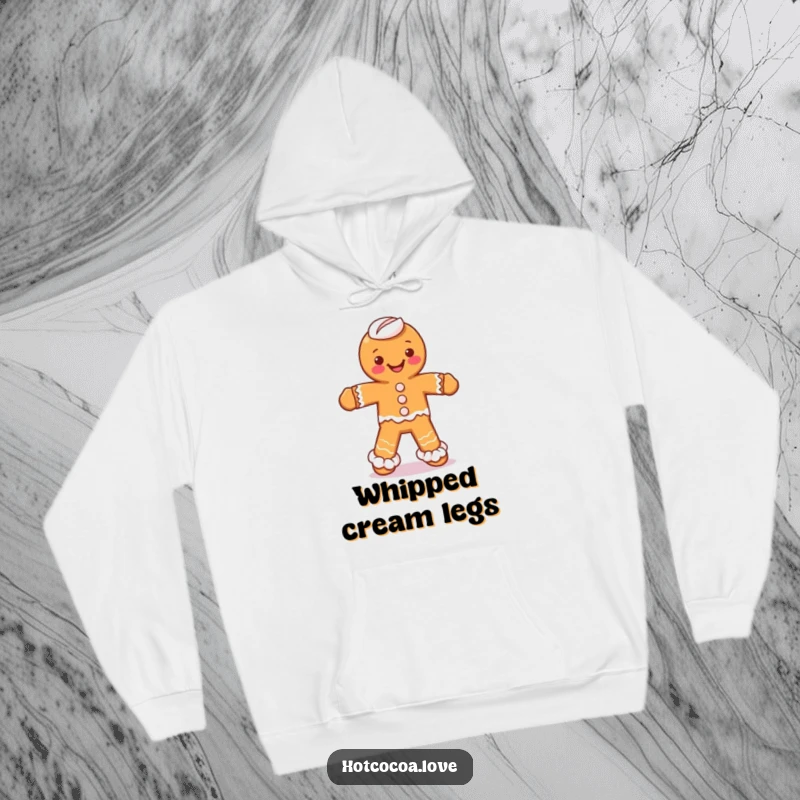 Funny hoodie featuring a gingerbread man with whipped cream legs dancing playfully, offering cozy and humorous vibes.