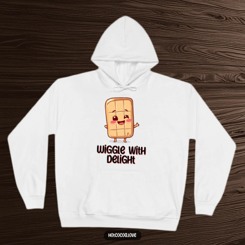Funny chocolate bar character wiggling its wrapper with delight, featured on a warm and cozy hoodie, a delightful humorous item.