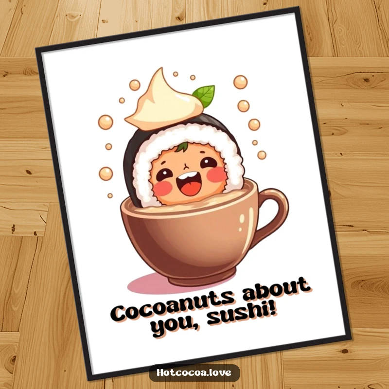 Funny free printable wall art showcasing a delighted sushi roll character joyfully splashing in a cup of hot cocoa.