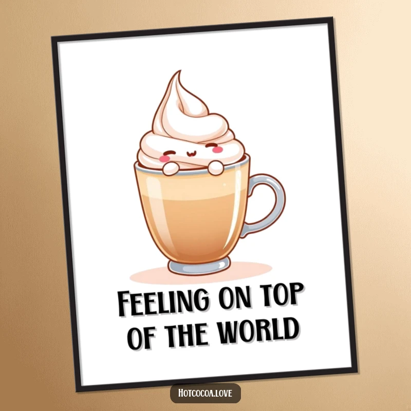 Funny Free Printable Wall Art features a content whipped cream character happily floating on a hot beverage, bringing cozy, whimsical cheer to your decor.