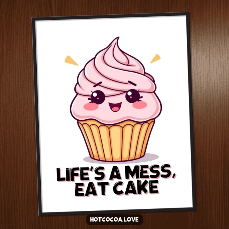Funny Free Printable Wall Art: A bewildered cupcake with frosting askew, bringing whimsical humor and downloadable charm to your decor.
