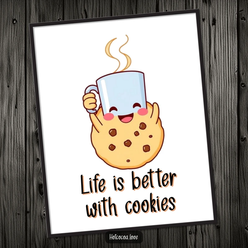 Free Printable Wall Art: A smiling cookie character holds a steaming mug aloft, exuding warmth and cheerful vibes.