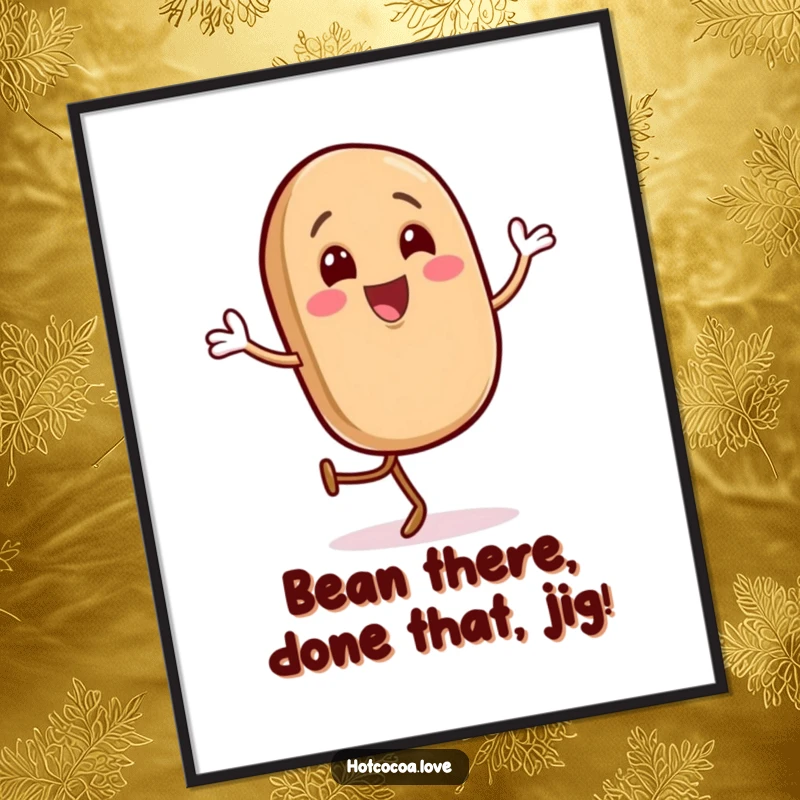 Funny Free Printable Wall Art: A gleeful coffee bean character dances a happy jig, bringing a lively and humorous spirit.