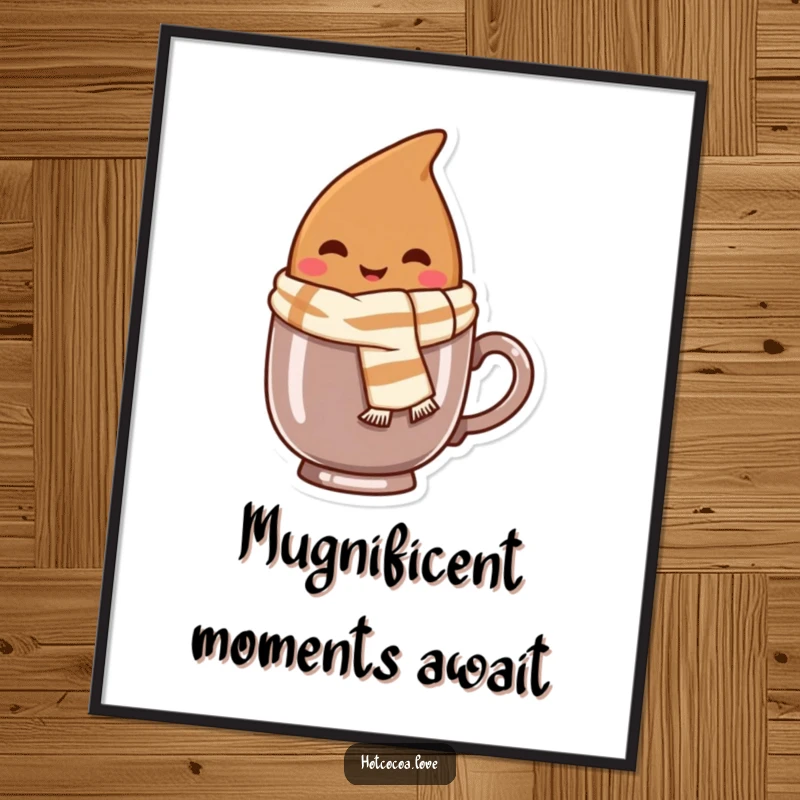 Funny Free Printable Wall Art: Smiling cocoa bean with scarf peeking from a mug, cozy beverage art.