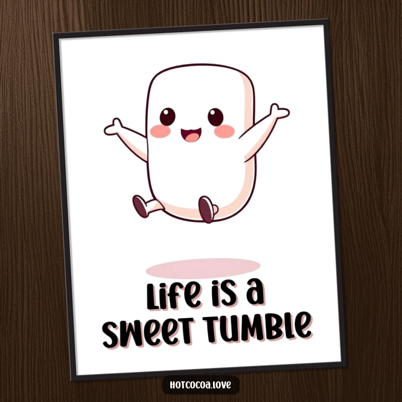 Funny Free Printable Wall Art: A cute marshmallow character in mid-cartwheel, embodying playful energy and joy, perfect for a whimsical display.