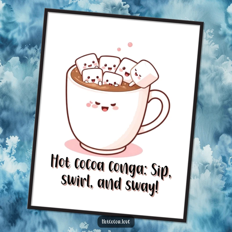 Funny Free Printable Wall Art depicting a cheerful hot chocolate mug with marshmallow friends performing a conga line, bringing joy to any wall.