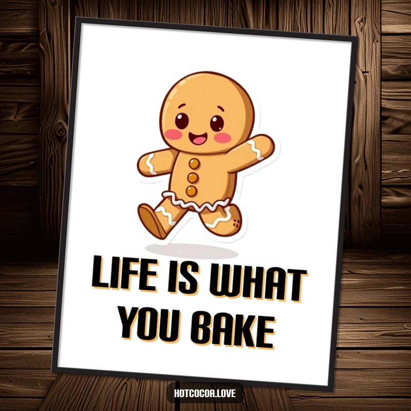 Funny Free Printable Wall Art: A happy anthropomorphic gingerbread cookie character skipping gleefully, adding a touch of sweet joy to any space.