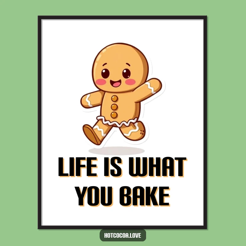 Free Printable Wall Art: Happy Gingerbread Cookie Character, Joyful Skipping, Downloadable Art