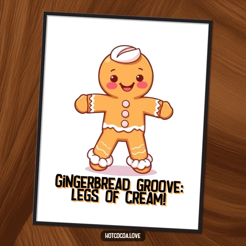 Funny Free Printable Wall Art of a gingerbread man with whipped cream legs performing a silly dance, a cheerful and humorous decoration.