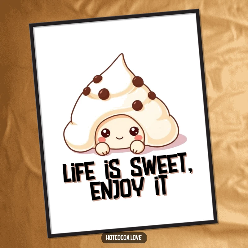 Funny Free Printable Wall Art where a chocolate chip cookie peeks mischievously from under cream.