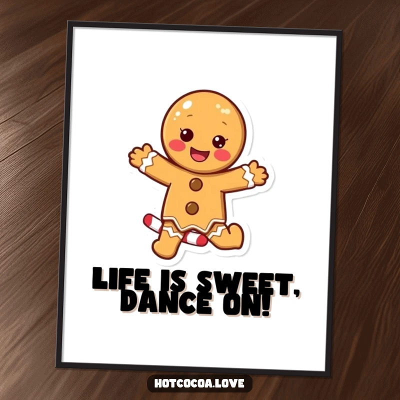 Funny free printable wall art showing a joyful gingerbread cookie character dancing enthusiastically on a colorful candy cane.